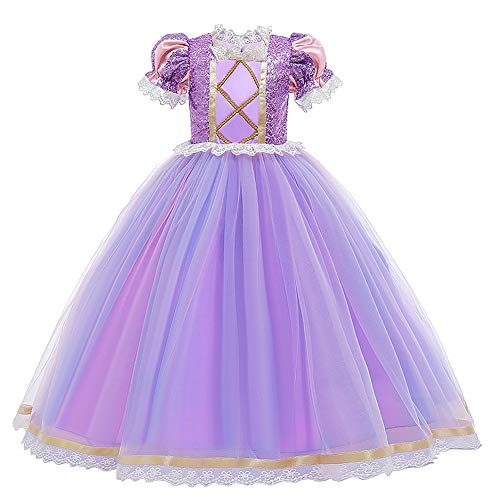 IMEKIS Mädchen Rapunzel Prinzessin Kleid Blume Paillette Spitze Tüll Tutu Weihnachten Halloween Karneval Cosplay Kostüm mit Geflochtenen Perücke Stirnband Geburtstag Outfit von IMEKIS