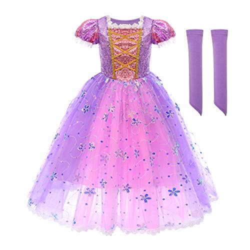 IMEKIS Mädchen Rapunzel Prinzessin Kleid Blume Paillette Spitze Tüll Tutu Weihnachten Halloween Karneval Cosplay Kostüm mit Geflochtenen Perücke Stirnband Geburtstag Outfit von IMEKIS