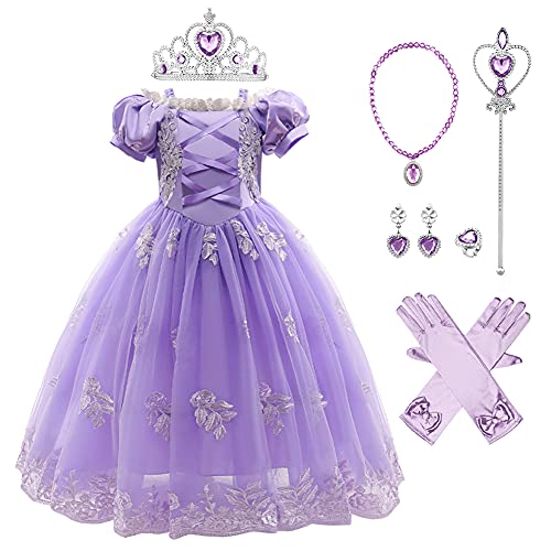 IMEKIS Mädchen Rapunzel Prinzessin Kostüm Blumenspitze Geburtstag Tutu Fancy Sofia Cosplay Verkleiden mit Zubehör Geburtstag Halloween Weihnachten Karneval Party Outfit von IMEKIS