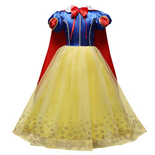 IMEKIS Mädchen Schneewittchen Kostüm Kinder Prinzessin Halloween Karneval Verkleiden Geburtstag Festlich Partykleid Pailletten Weihnachten Cosplay FestKleid mit Umhang Faschingskostüm 6-7 Jahre von IMEKIS