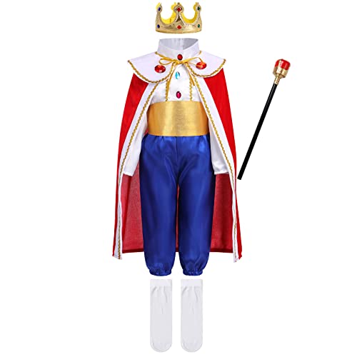 Jungen Halloween Königlich König Kostüm Prinz Charmantes Verkleidung Kinder Langarm Jacken mit Hose Robe und Krone Zubehör Mittelalter König Set Weihnachten Karneval Party Outfit Blau 12-13 Jahre von IMEKIS