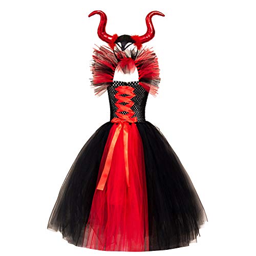 Kinder Maleficent Kost?m M?dchen Prinzessin Fancy B?se K?nigin Verkleiden Handgemachtes Gestricktes T?llkleid mit Horn Stirnband B?se Hexe Halloween Karneval Cosplay Party Outfit Rot 10-12 Jahre von IMEKIS