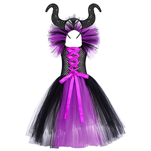 Kinder Maleficent Kostüm Mädchen Prinzessin Fancy Böse Königin Verkleiden Handgemachtes Gestricktes Tüllkleid mit Horn Stirnband Böse Hexe Halloween Karneval Cosplay Party Outfit Lila 4-5 Jahre von IMEKIS