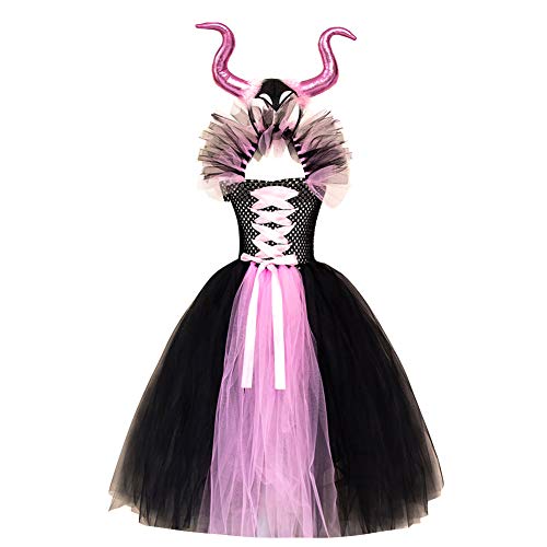 Kinder Maleficent Kostüm Mädchen Prinzessin Fancy Böse Königin Verkleiden Handgemachtes Gestricktes Tüllkleid mit Horn Stirnband Böse Hexe Halloween Karneval Cosplay Party Outfit Rosa 10-12 Jahre von IMEKIS