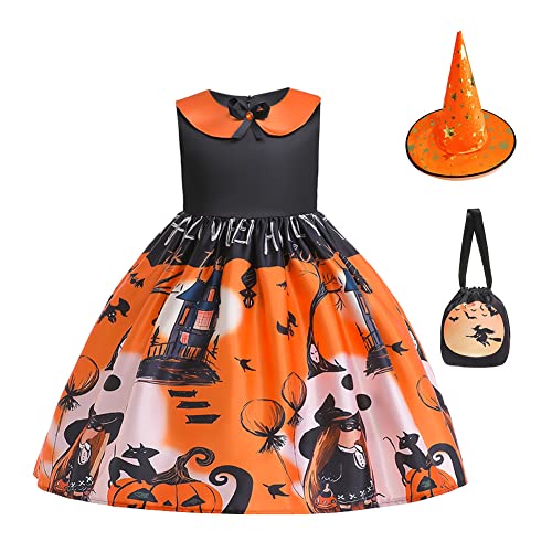 M?dchen Halloween Hexe Kleid K?rbis Geister Fledermaus Cosplay Kost?m Prinzessin Feuerstein Steinzeit H?hlenm?dchen Verkleiden mit Stirnband/Huttasche 3-tlg Geburtstagsfeier Outfit Orange 7-8 Jahre von IMEKIS