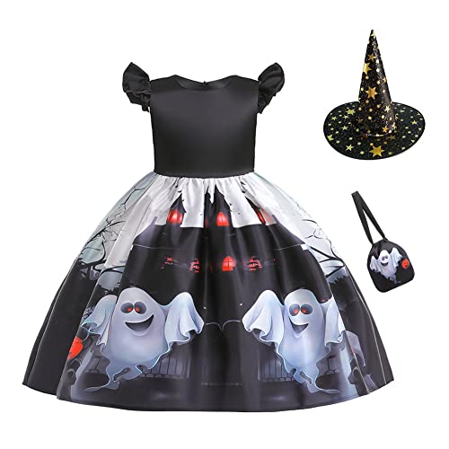 M?dchen Halloween Hexe Kleid K?rbis Geister Fledermaus Cosplay Kost?m Prinzessin Feuerstein Steinzeit H?hlenm?dchen Verkleiden mit Stirnband/Huttasche 3-tlg Geburtstagsfeier Outfit Schwarz 5-6 Jahre von IMEKIS