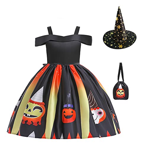 M?dchen Halloween Hexe Kleid K?rbis Geister Fledermaus Cosplay Kost?m Prinzessin Feuerstein Steinzeit H?hlenm?dchen Verkleiden mit Stirnband/Huttasche 3-tlg Geburtstagsfeier Outfit Schwarz 7-8 Jahre von IMEKIS