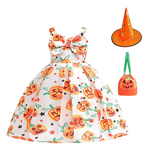 M?dchen Halloween Hexe Kleid K?rbis Geister Fledermaus Cosplay Kost?m Prinzessin Feuerstein Steinzeit H?hlenm?dchen Verkleiden mit Stirnband/Huttasche 3-tlg Geburtstagsfeier Outfit Wei? 3-4 Jahre von IMEKIS