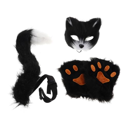 IMIKEYA Halbmaske Für Tier Cosplay Plüsch Fuchs Maske Mit Katzenwolfohren Integrierter Und Pfotenhandschuhe Kunstfell Perfekte Maskerade Für Halloween Und Karneval von IMIKEYA