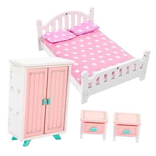 IMIKEYA Miniaturmöbel Für Puppenhaus Schlafzimmer Dekoration Mit Bett Nachttisch Und Kleiderschrank Für Kreative Spielideen von IMIKEYA