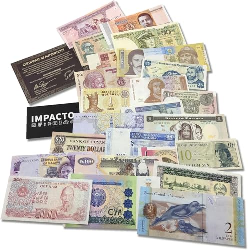 IMPACTO COLECCIONABLES | Sammlung von 25 echten Banknoten aus 25 verschiedenen Ländern – Keine Duplikate, demonetisiert und original | Perfekt für Sammler, inkl. Echtheitszertifikat von IMPACTO COLECCIONABLES