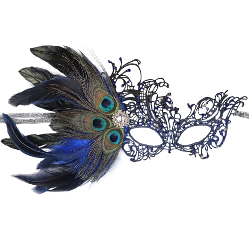 INCOK Pfauen Federn Maskenball Masken für Damen - Schwarz Spitze Strass Mask Fasching Maske Männer Frauen Venezianische Maskerade Maske zum Halloween Ball Party Karneval Kostüm von INCOK