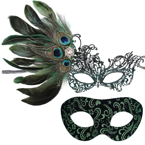 INCOK Pfauen Federn Maskenball Masken für Paar - 2 Pack Grünes Strass Mask Fasching Maske Männer Frauen Venezianische Maskerade Maske zum Halloween Ball Party Karneval Kostüm von INCOK