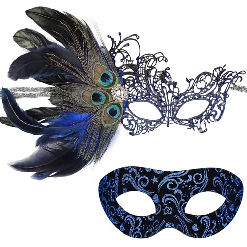 INCOK Pfauen Federn Maskenball Masken für Paar - 2 Pack Schwarz Strass Mask Fasching Maske Männer Frauen Venezianische Maskerade Maske zum Halloween Ball Party Karneval Kostüm von INCOK