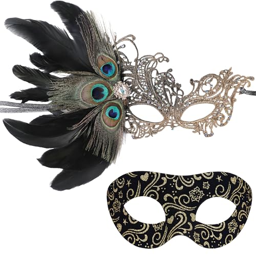 INCOK Pfauen Federn Maskenball Masken für Paar - 2 Pack Schwarz Strass Mask Karneval Maske Männer Frauen Venezianische Maskerade Maske zum Halloween Ballparty Kostüm Zubehör von INCOK