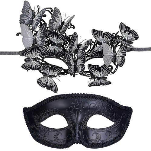 INCOK Schmetterling Schwarz Maskenball Masken für Paar - 2 Pack Waldfee Augenmaske Karneval Maske Männer Frauen Venezianische Maskerade Maske zum Halloween Ballparty Kostümzubehör von INCOK