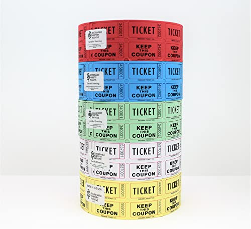 INDIANA TICKET CO. 5er-Pack Gewinnspieltickets Doppelrolle 5 Rollen mit je 2.000 Tickets je 1 Rolle rot, blau, grün, weiß & gelb Premium Qualität 50/50, Tickets für Veranstaltungen von INDIANA TICKET COMPANY