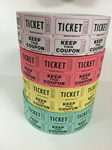 Tombola-Tickets – (4 Rollen mit je 2000 Doppeltickets), 8.000 insgesamt 50/50 Tombola-Tickets (4 verschiedene Farben) (weiß-rosa, gelb-grün) von INDIANA TICKET COMPANY