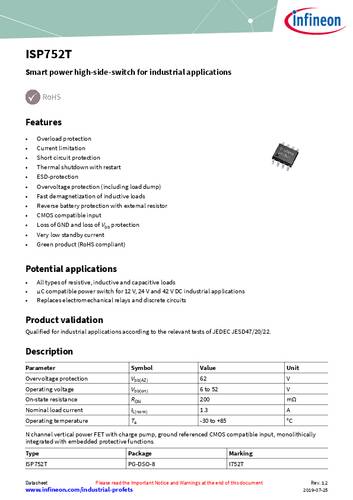 Infineon Technologies ISP752TFUMA1 PMIC - Leistungsverteilungsschalter High-Side SOIC-8 von INFINEON TECHNOLOGIES