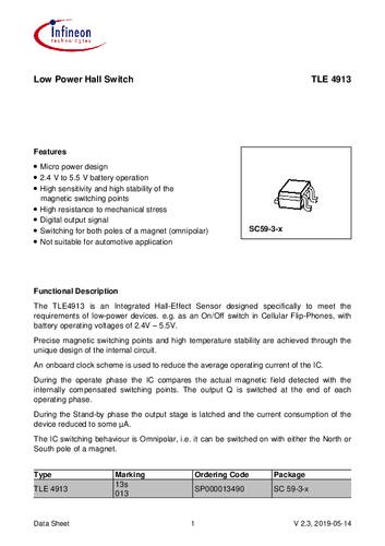 Infineon Technologies Magnetsensor TLE4913HTSA1 2.4 - 5.5V Messbereich: 2 - 5 mT SC-59-3 Tape on Ful von INFINEON TECHNOLOGIES
