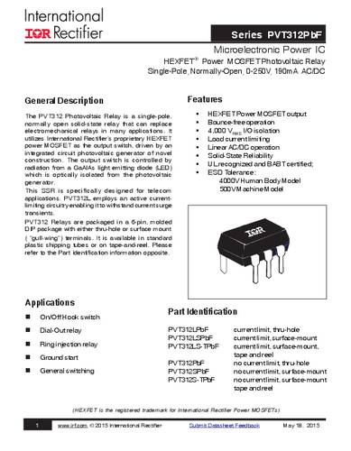 Infineon Technologies PVT312LSPBF PhotoMOS-Relais 0.3A Polzahl: 6 Tube von INFINEON TECHNOLOGIES