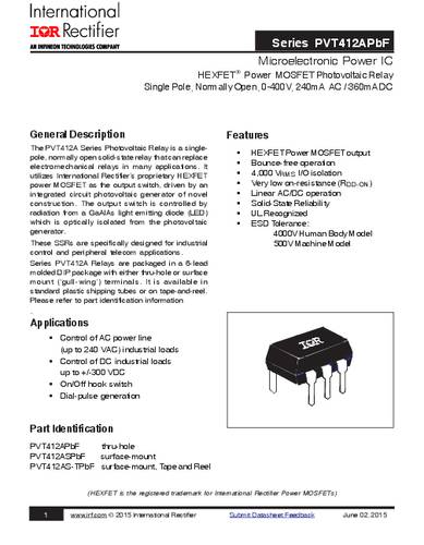 Infineon Technologies PVT412ASPBF PhotoMOS-Relais 0.36A Polzahl: 6 Tube von INFINEON TECHNOLOGIES