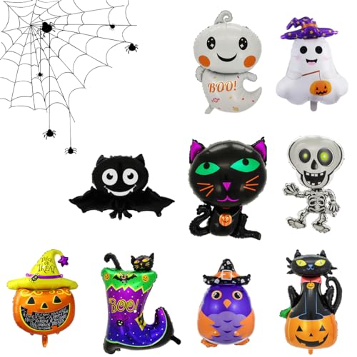 INGJIA Folienballon Halloween, 9 Stück XXL Kürbis Hexe Geist Fledermaus Spinnweben Luftballon, Spinnen Riesenballon, Halloween Party Ballon für Kinder Geburtstag Dekorationen Zubehör Geschenk von INGJIA