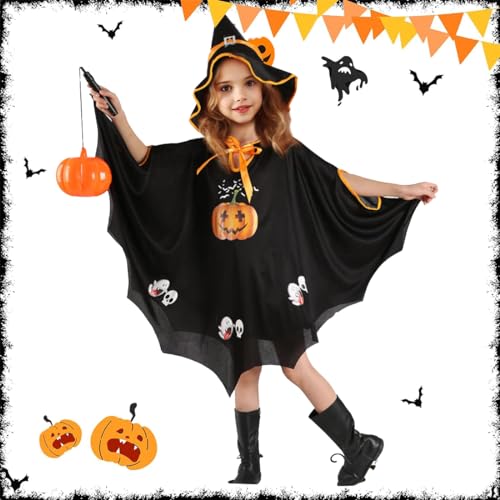 INGJIA Halloween Kostüm Kinder, 2Pcs Halloween Fledermaus Umhang mit Hut, Kürbis Kostüm Mädchen, für Halloween, Fasching, Karneval, Bühnenperformance, Themenparty, Geeignet für Höhe 90-150cm von INGJIA