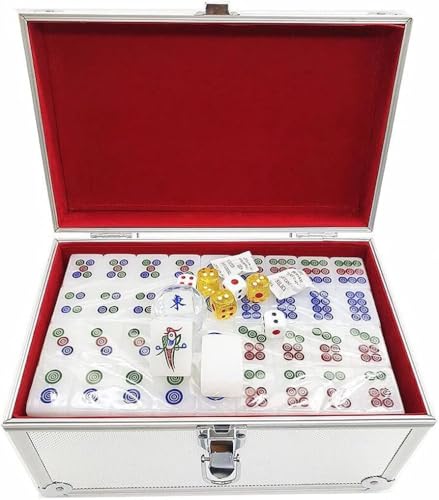 ININOSNP Mahjong-Kartenset, chinesisches Mahjong, weiße Acrylfliesen, Mahjong-Tisch, Schachbrett, Schachspiel, Aluminium-Aufbewahrungsbox(38 EU) von ININOSNP
