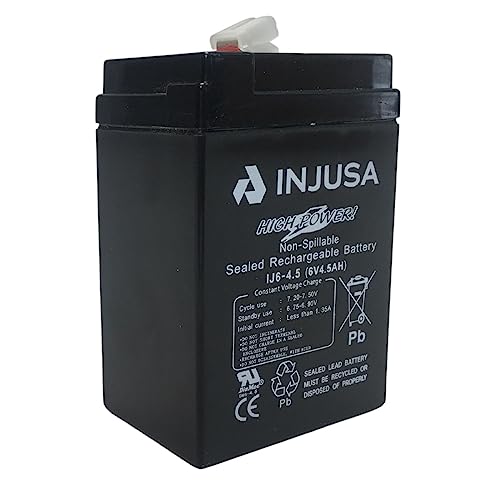 INJUSA 6-Volt- und 4,5-Ah-Blei-Säure-Batterie, kompatibel mit 6-Volt-Elektrofahrzeugen von INJUSA, Motorrädern, Autos und Quads mit 6-Volt-Batterie, mit 60 Minuten Autonomie und 12 Stunden Ladezeit von INJUSA