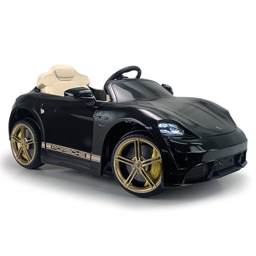 INJUSA - Porsche Taycan Turbo S Elektroauto, 12V Batterie, Kinder ab 2 Jahren, LED-Licht, Rückwärtsgang, Fernbedienung, Sicherheitsgurt, Türöffner, Höchstgeschwindigkeit 6 km/h, Schwarz von INJUSA