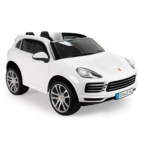 INJUSA - Porsche Cayenne S Elektroauto, 12V Batterie, für Kinder ab 3 Jahren, mit Gaspedal, Funksteuerung, Rückwärtsgang, Sicherheitsgurt, Sounds, MP3 und LED-Licht, Porsche-Lizenz, 6 km/h, weiß von INJUSA