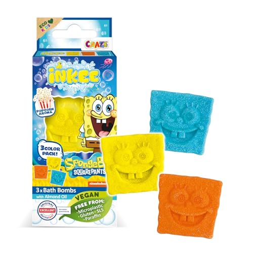 INKEE Badebomben Kinder SPONGE BOB Mini Pack - 3er Pack Badekugeln mit spaßigen Farben, PopCorn Aroma & Mandelöl - 3x15g von INKEE