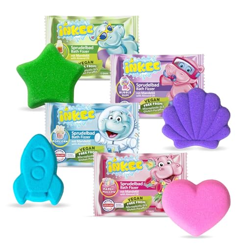 INKEE Bath Fizzer Mix 4er Pack - 4x Sprudelbad Kinder Badebomben mit Mandelöl, Badekugeln 4x 20g mit Aroma - 4 verschiedene Fraben, Duften und Formen von INKEE