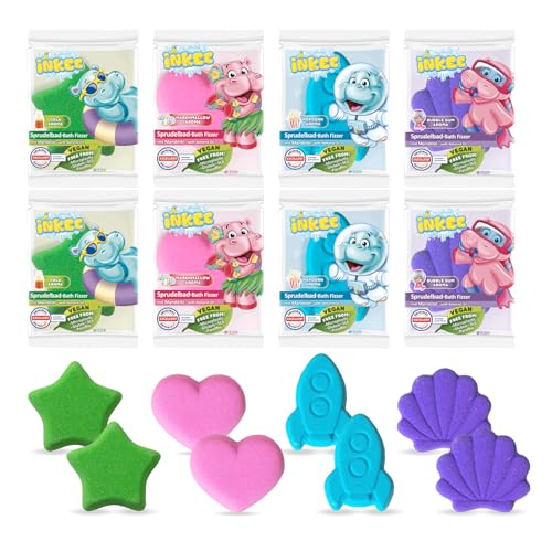 INKEE Bath Fizzer Mix 8er Pack - 8x Sprudelbad Kinder Badebomben mit Mandelöl, Badekugeln 8x 20g mit Aroma - 4 verschiedene Fraben, Duften und Formen von INKEE