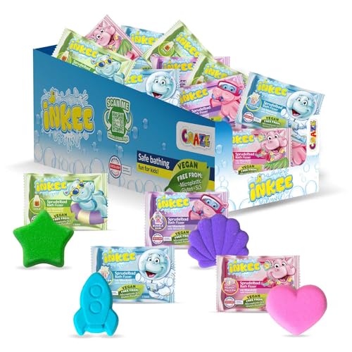 INKEE Bath Fizzer Mix Komplettes Verkaufdisplay- 40 Sprudelbad Kinder Badebomben mit Mandelöl, Badekugeln 40x 20g mit 4 verschiedenen Fraben, Duften und Formen von INKEE