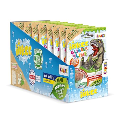 INKEE Bath Slime Dino 8er Set - Bade-Glibber Schleim mit Vitamin E, neon-grünes Badepulver mit Cola Gummies Aroma, komplettes Verkaufsdisplay 8X 100g Schleimpulver von INKEE