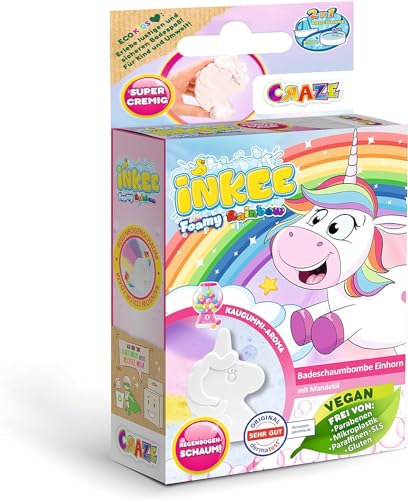 INKEE FOAMY UNICORN | Schaumige Badebombe Kinder in Einhorn Form, Badekugel 60g Rosa, Gelb & Lila, Kaugummi Duft, mit Mandelöl von INKEE