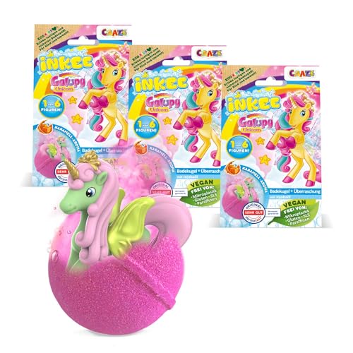 INKEE Galupy Unicorn 3er Set | 3x Badebomben Kinder mit Überraschung, Badekugeln 3x 100g mit GALUPY Einhornfiguren, Karamellduft & Jojobaöl von INKEE