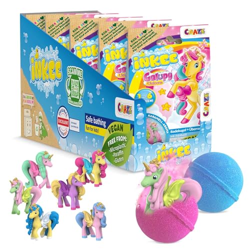 INKEE Galupy Unicorn 5er Set | Badebomben Kinder mit Überraschung komplettes Thekendisplay, 5x Badekugeln mit GALUPY Einhornfiguren, Karamellduft & Jojobaöl von INKEE