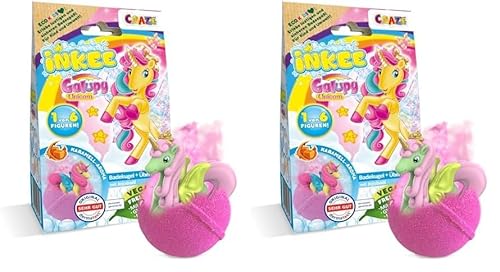 INKEE Galupy Unicorn | Badebombe Kinder mit Überraschung, Badekugel 100g mit GALUPY Einhornfiguren, Karamellduft & Jojobaöl (Packung mit 2) von INKEE