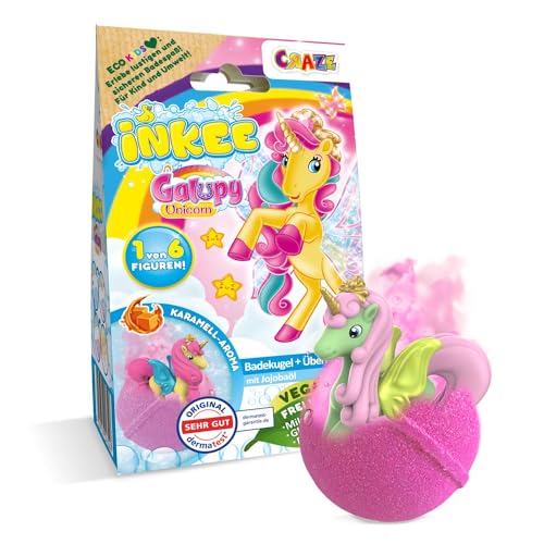 INKEE Galupy Unicorn | Badebombe Kinder mit Überraschung, Badekugel 100g mit GALUPY Einhornfiguren, Karamellduft & Jojobaöl von INKEE