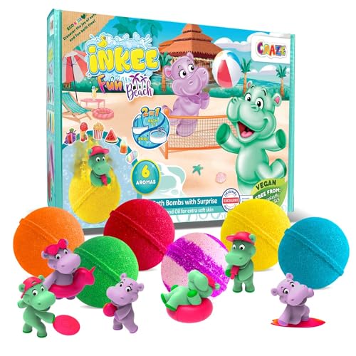 INKEE Geschenkbox Fun Beach | Box mit 6 Kinder Badebomben, enthält 6 verschiedene Nilpferdfiguren zum Sammeln - 6x Badekugeln Kinder mit Überraschung von INKEE