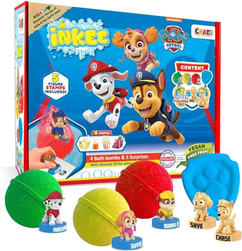 INKEE Geschenkbox PAW PATROL - Box mit 4 Kinder Badebomben mit Mandelöl, enthält 5 verschiedene Pawpatrol Figuren zum Sammeln - Badekugeln Kinder mit Überraschung von INKEE