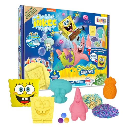 INKEE Geschenkbox SPONGE BOB Badeset Kinder - 7 Badezusätze für Kinder, SpongeBob Schwammkopf Badekugeln & Badesalz Kinder mit Avocado Öl + Accessoire von INKEE