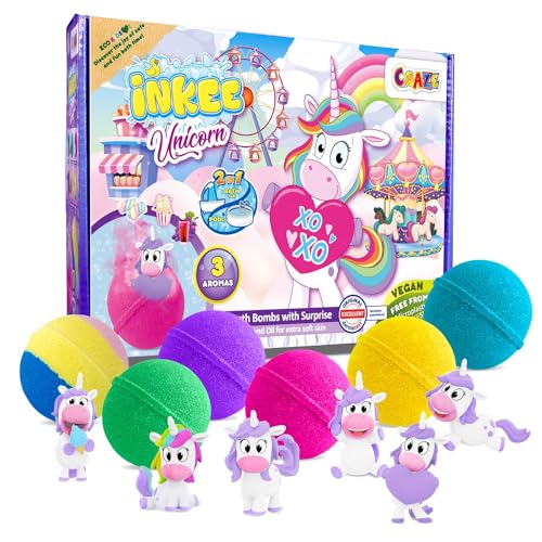 INKEE Geschenkbox Unicorn | Box mit 6 Badebomben für Kinder mit Überraschung, 6 Badekugeln mit Einhornfiguren in 6 verschiedenen Farben von INKEE