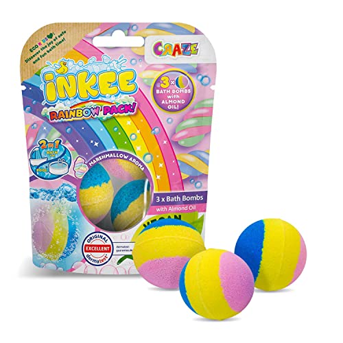 INKEE RAINBOW | 3er Pack Duftende Kinder Badebomben, Badekugeln mit 3 verschiedenen Farbschichten (Rosa, Gelb und Blau), Marshmellow-Duft, Mit Mandelöl von INKEE