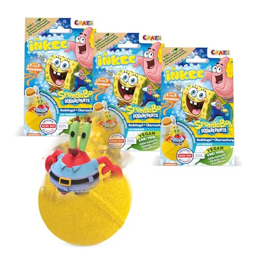 INKEE SpongeBob 3er Pack - Badebomben Kinder mit Überraschung - SpongeBob Schwammkopf Figuren zum Sammeln - 3x Badekugeln 80g mit Burgergummi-Aroma und Jojobaöl, Türkis oder Gelb von INKEE