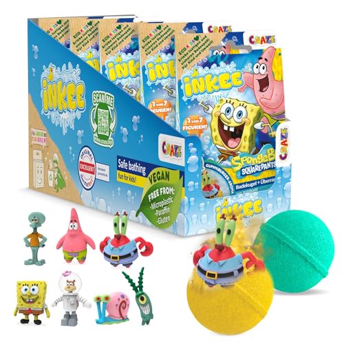 INKEE SpongeBob 5er Pack - Badebomben Kinder mit Überraschung - SpongeBob Schwammkopf Figuren zum Sammeln - 5x Badekugeln 80g mit Burgergummi-Aroma und Jojobaöl, Türkis oder Gelb von INKEE