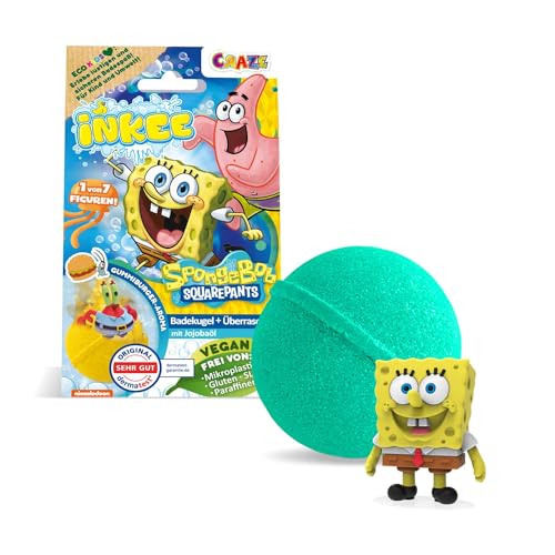 INKEE SpongeBob - Badebombe Kinder mit Überraschung - SpongeBob Schwammkopf Figuren zum Sammeln - Badekugel 80g mit Burgergummi-Aroma und Jojobaöl, Türkis oder Gelb von INKEE